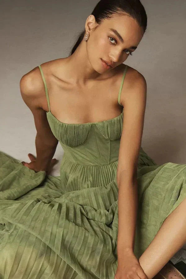 Women's Striking Elegant Flowing Pleated Fit and Flare Midi Dress