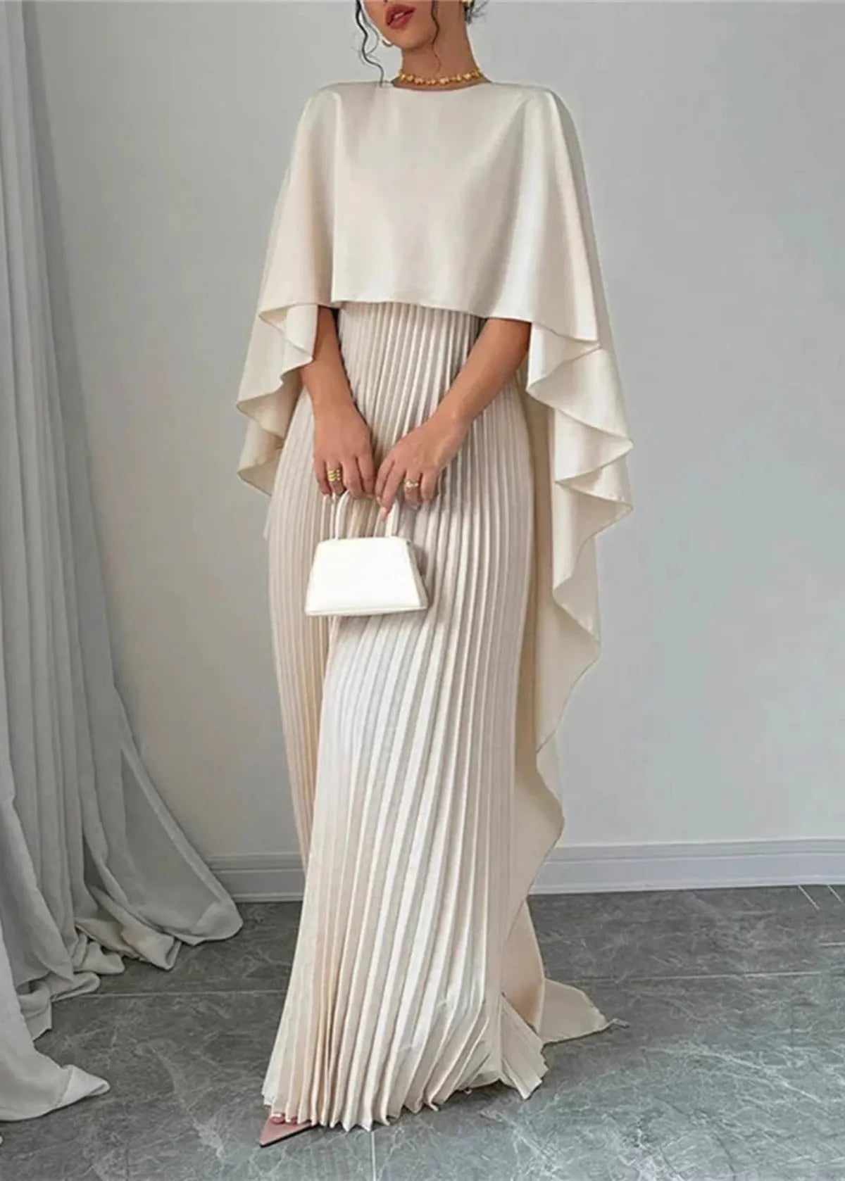 Women’s Pleated Cape Overlay Maxi Dress Elegant Evening Wear