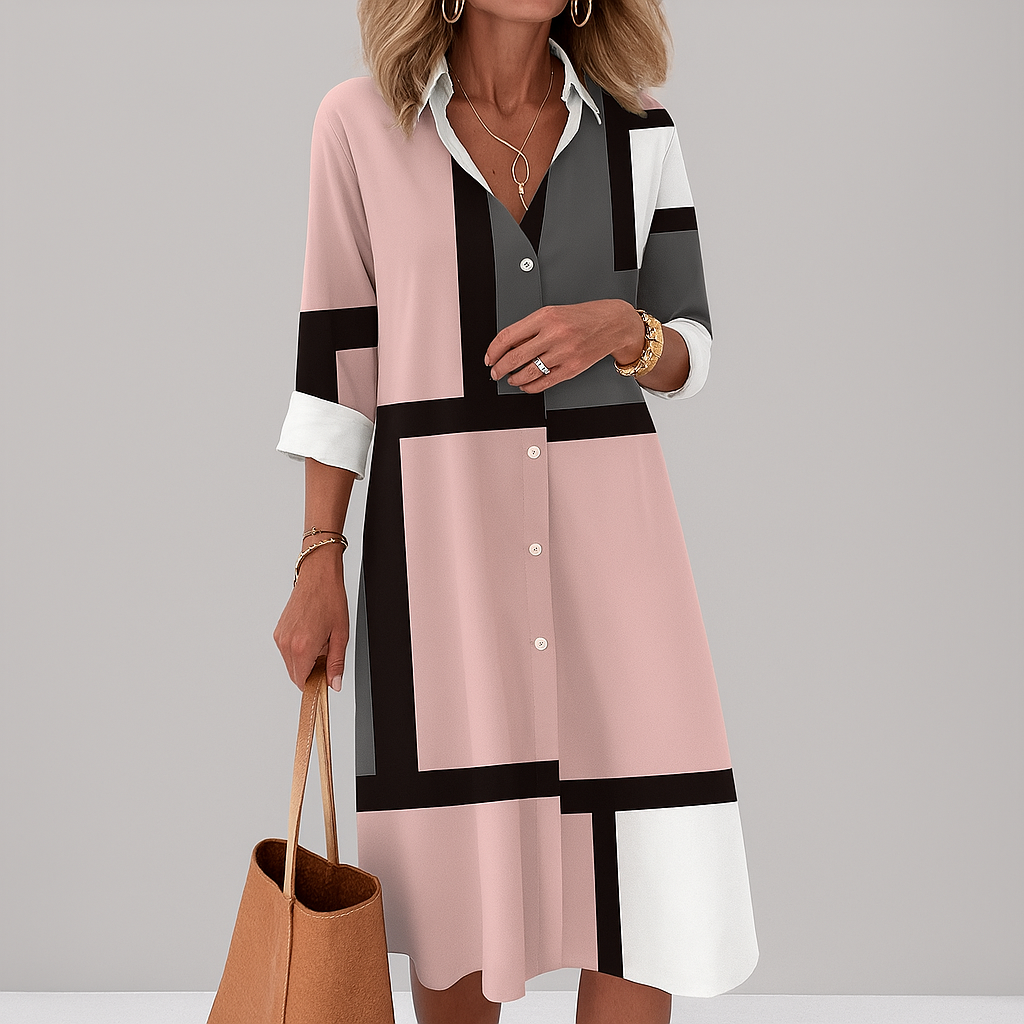 Women’s Classic Button‑down front Geometric Pattern Shirt Dress