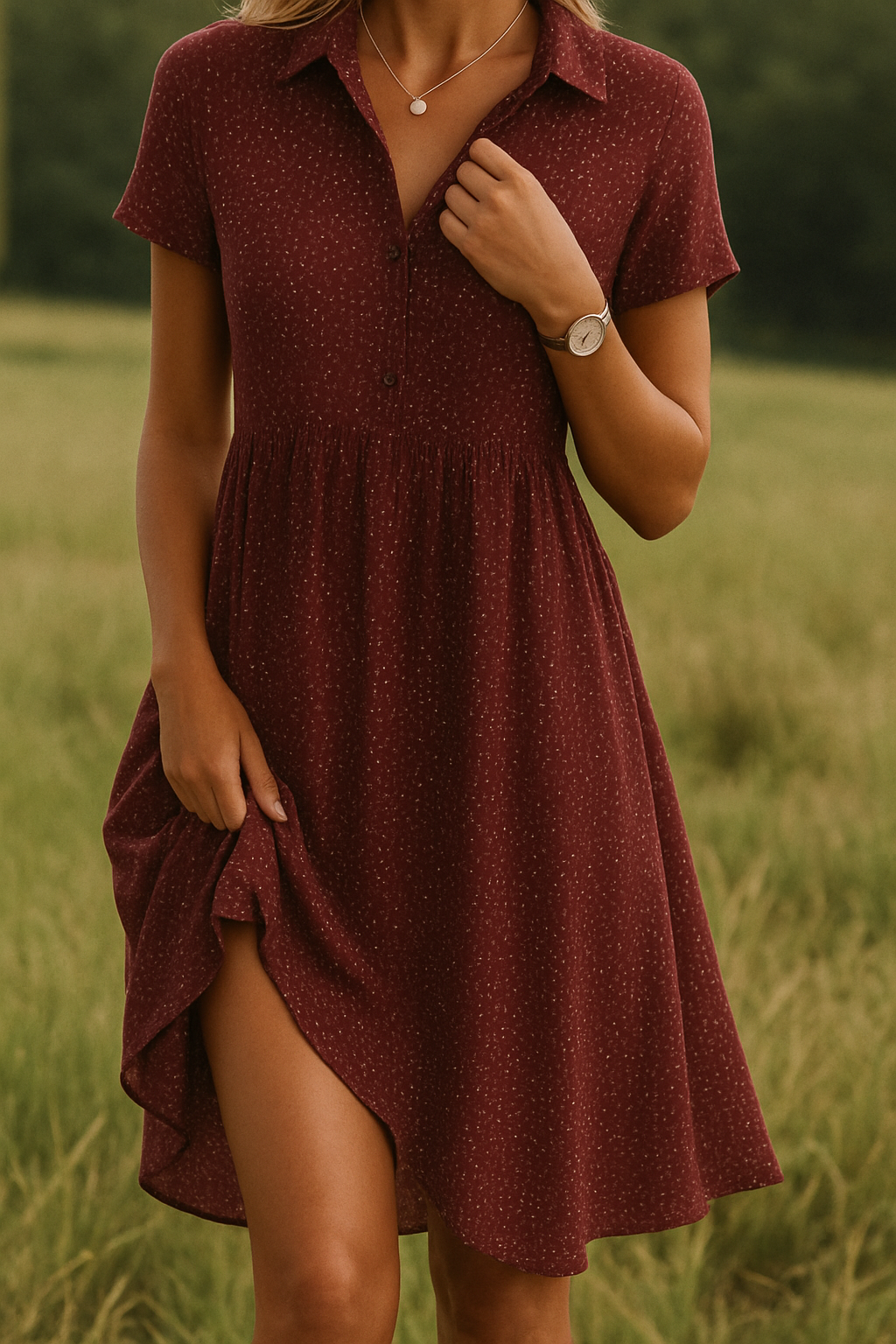 Women’s Chic Midi Dotted Short-Sleeve Shirt Dress