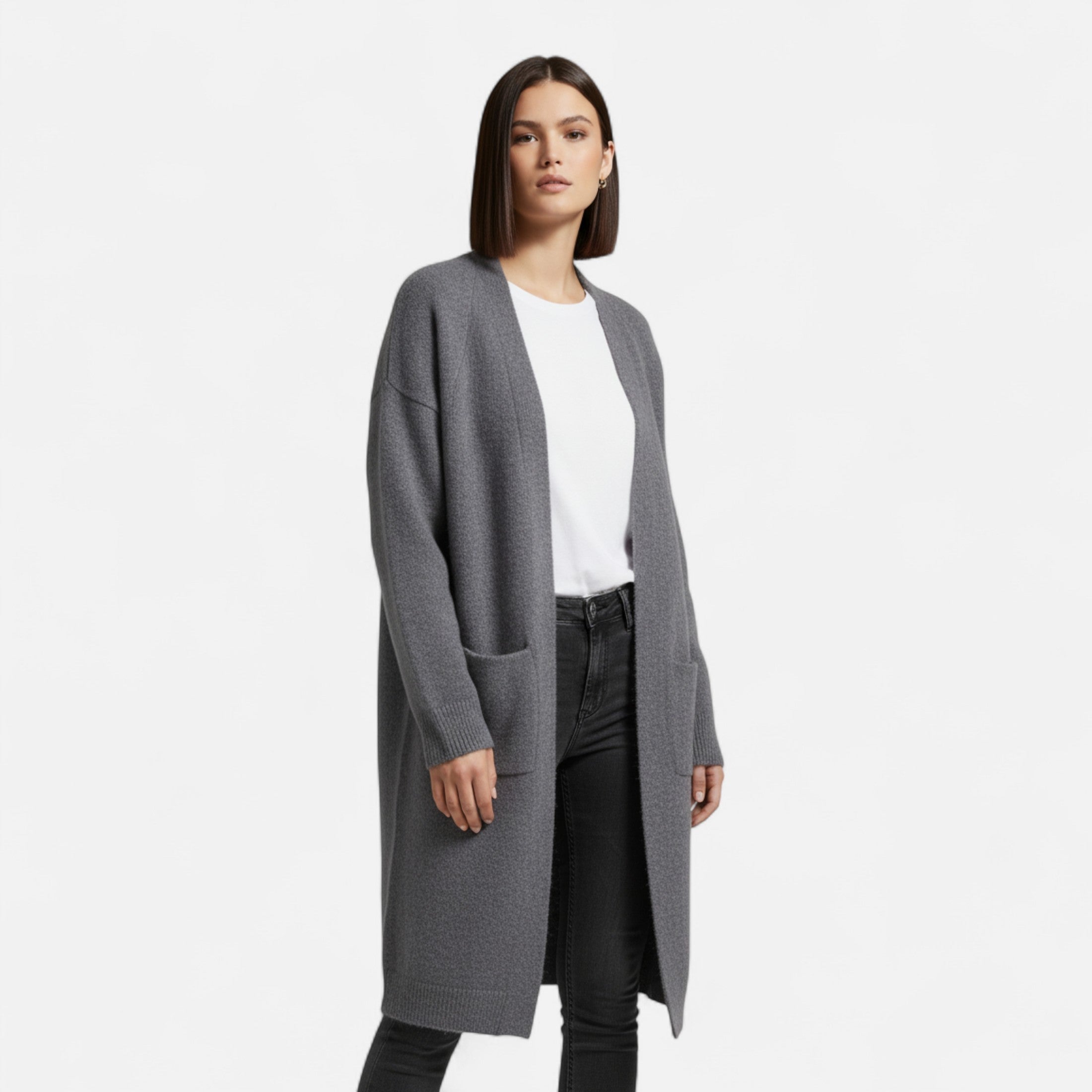 Women’s Stylish Thick Knitted Warm Cardigan with V-Neckline and Discreet Pockets