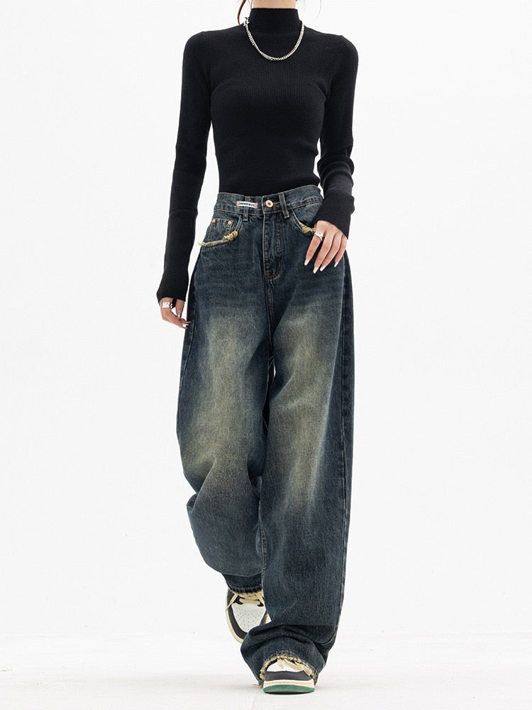 Trendy High-Waisted Streetwear Wide-Leg Jeans for Women