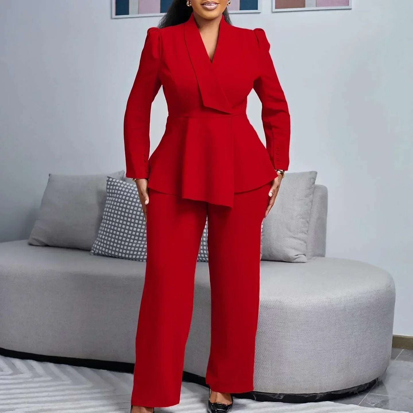 Women’s Formal Suit Set Tailored Long Blazer & Wide-Leg Trousers