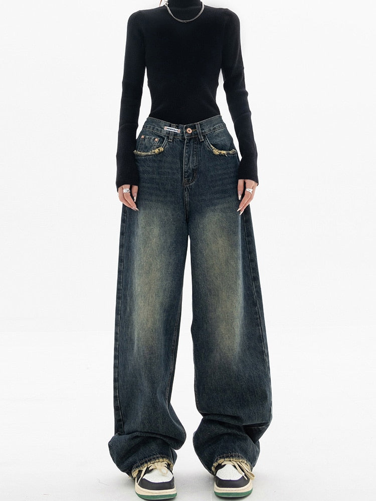 Trendy High-Waisted Streetwear Wide-Leg Jeans for Women
