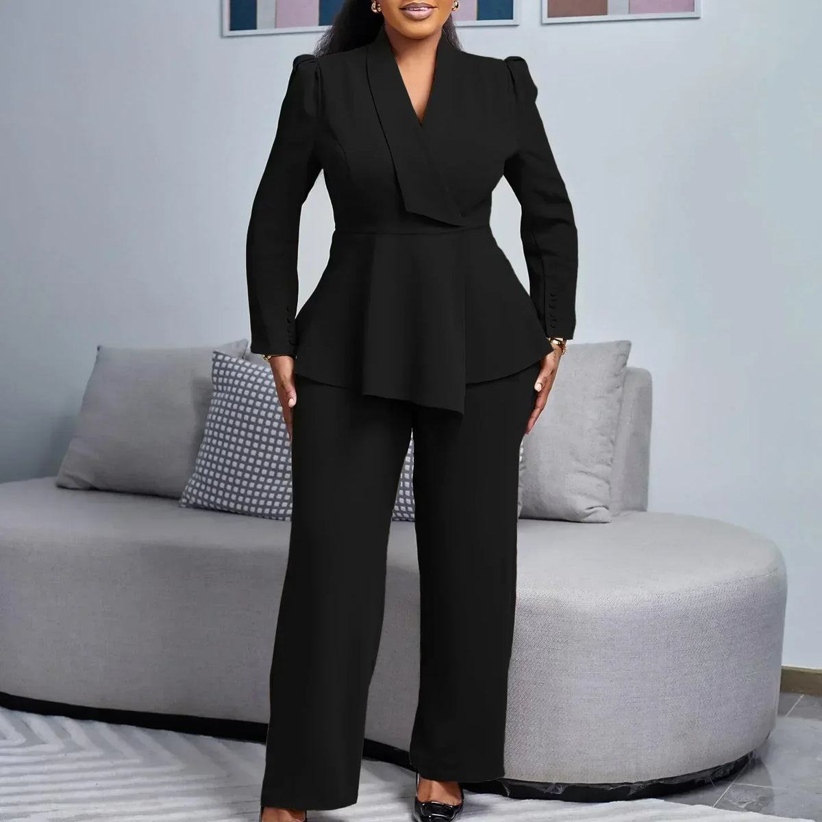 Women’s Formal Suit Set Tailored Long Blazer & Wide-Leg Trousers