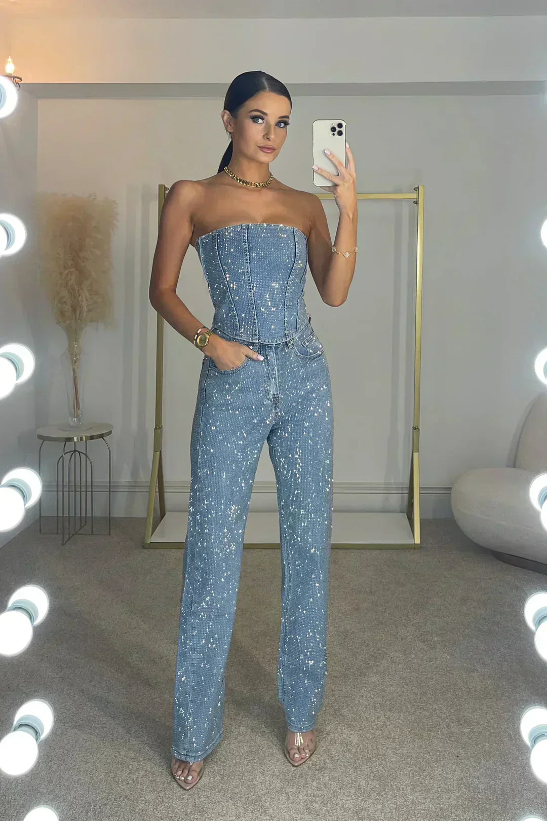 Women's Strapless Glitter Set - Elegant Top and High-Waist Trouser