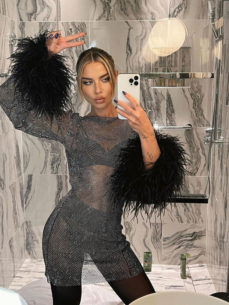 Women’s Visible Sparkly Party Evening Mini Dress with Feather Cuffs