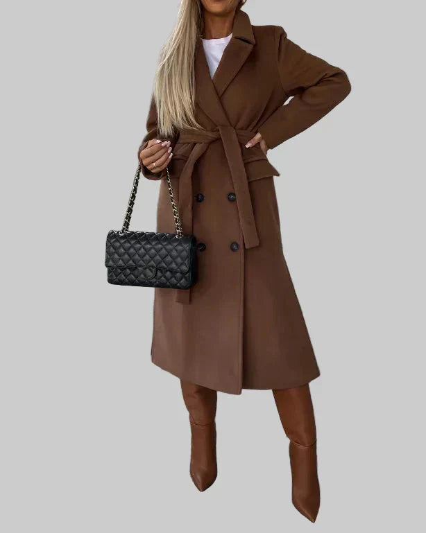 Women’s Long Coat Notched Collar Double Breasted Design