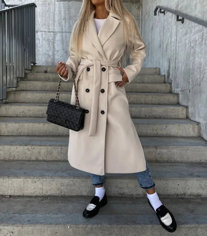 Women’s Long Coat Notched Collar Double Breasted Design