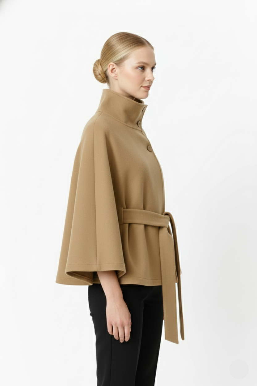 Women's Fashion Relaxed Fit High Collar Coat with Removable Belt