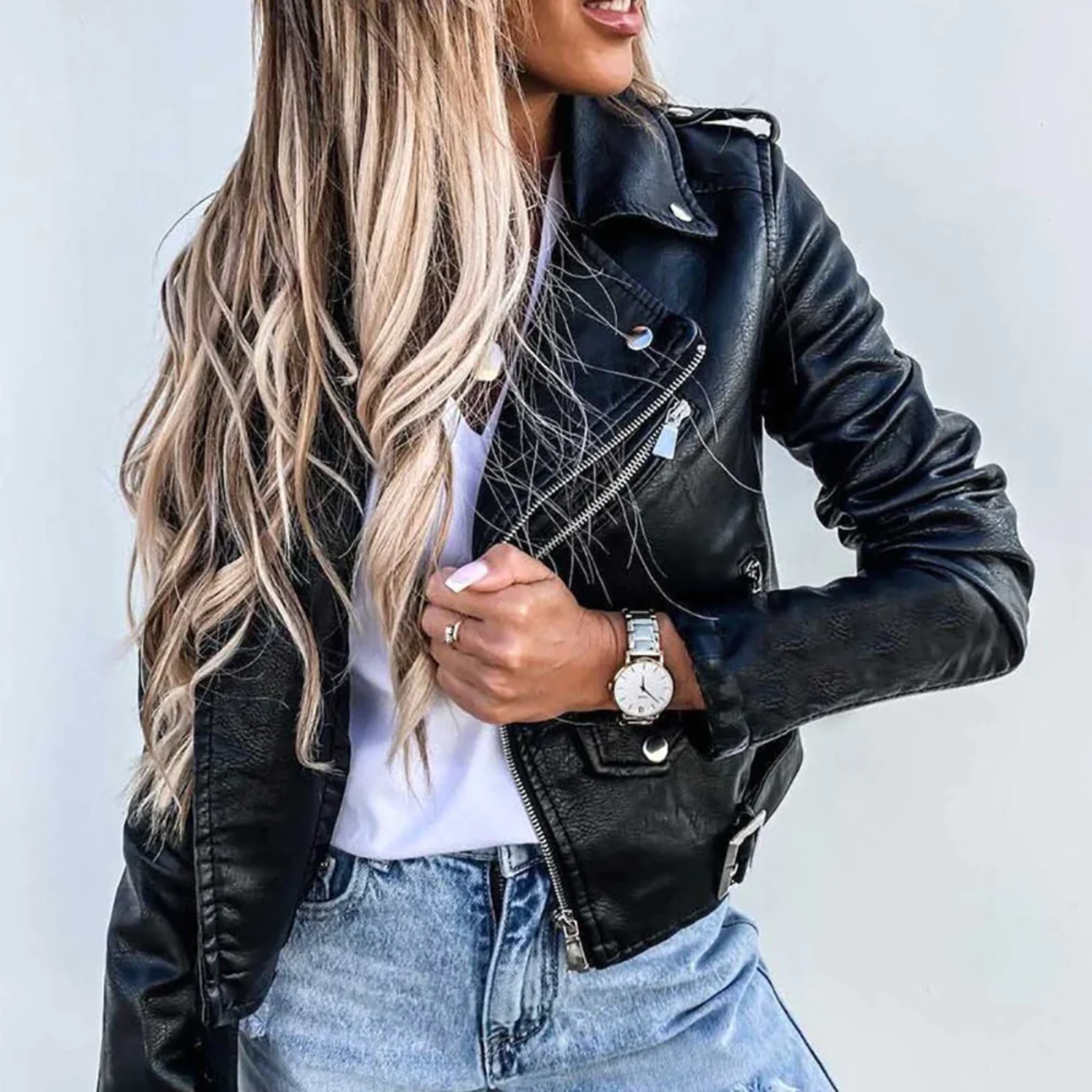 Women's Exquisite Belted Rider Jacket with Multiple Zipper Pockets and Stand-Up Collar