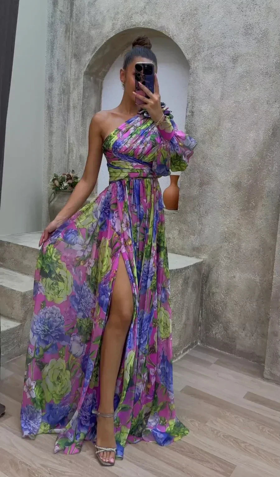 Women's Elegant Floral Multicolor Flowy Summer Dress with One-Shoulder Neckline