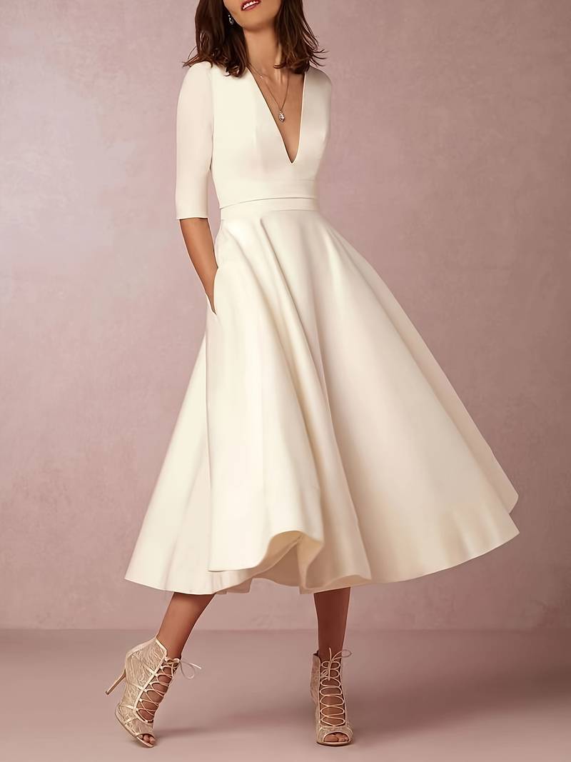 Women's Classic Graceful Midi Wedding Guest Flared Dress