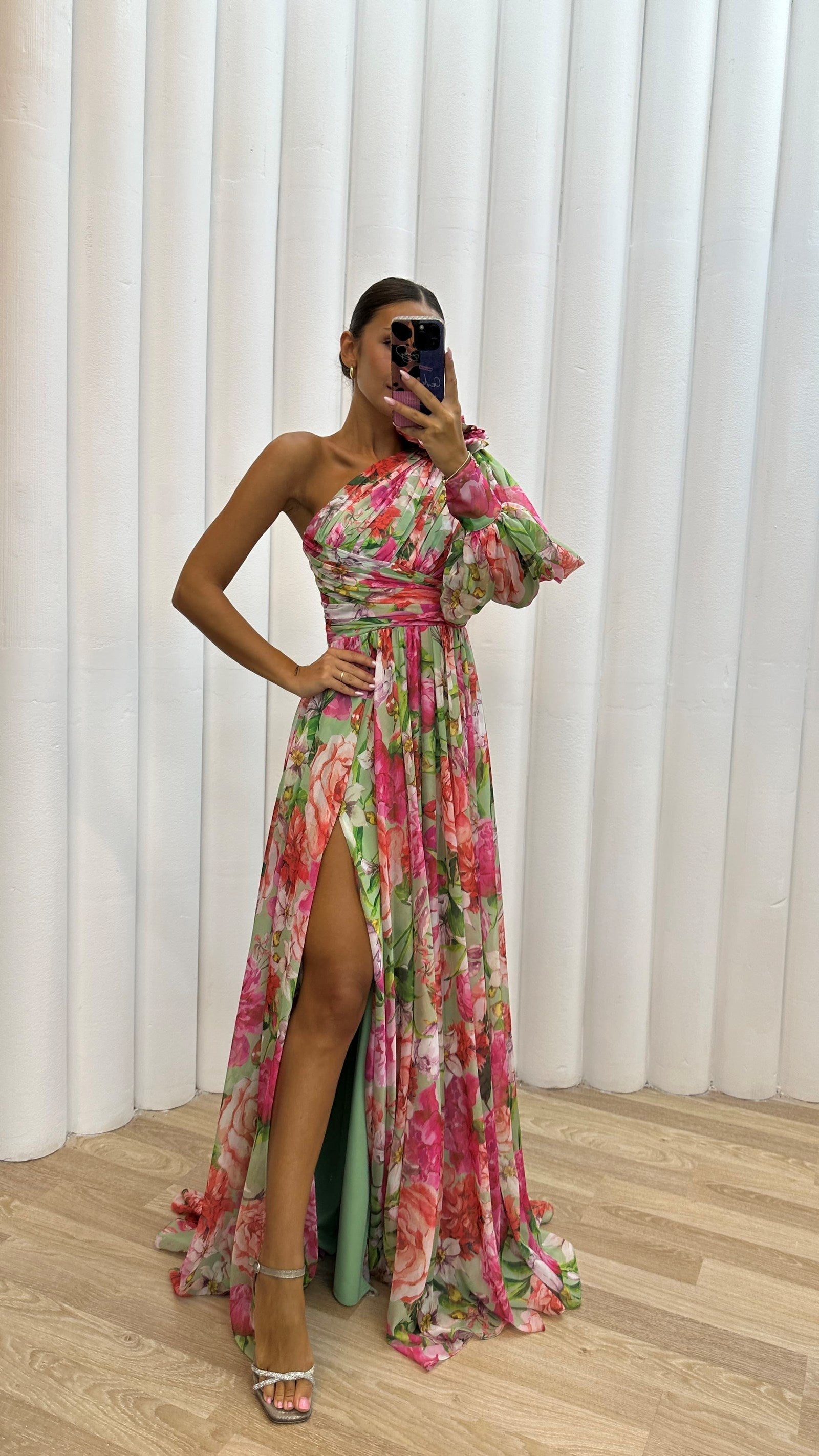 Women's Elegant Floral Multicolor Flowy Summer Dress with One-Shoulder Neckline