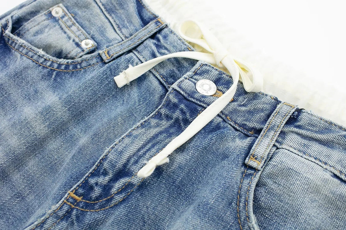 Women’s Retro Mid‑Waist Straight‑Leg Jeans with Lace‑Up