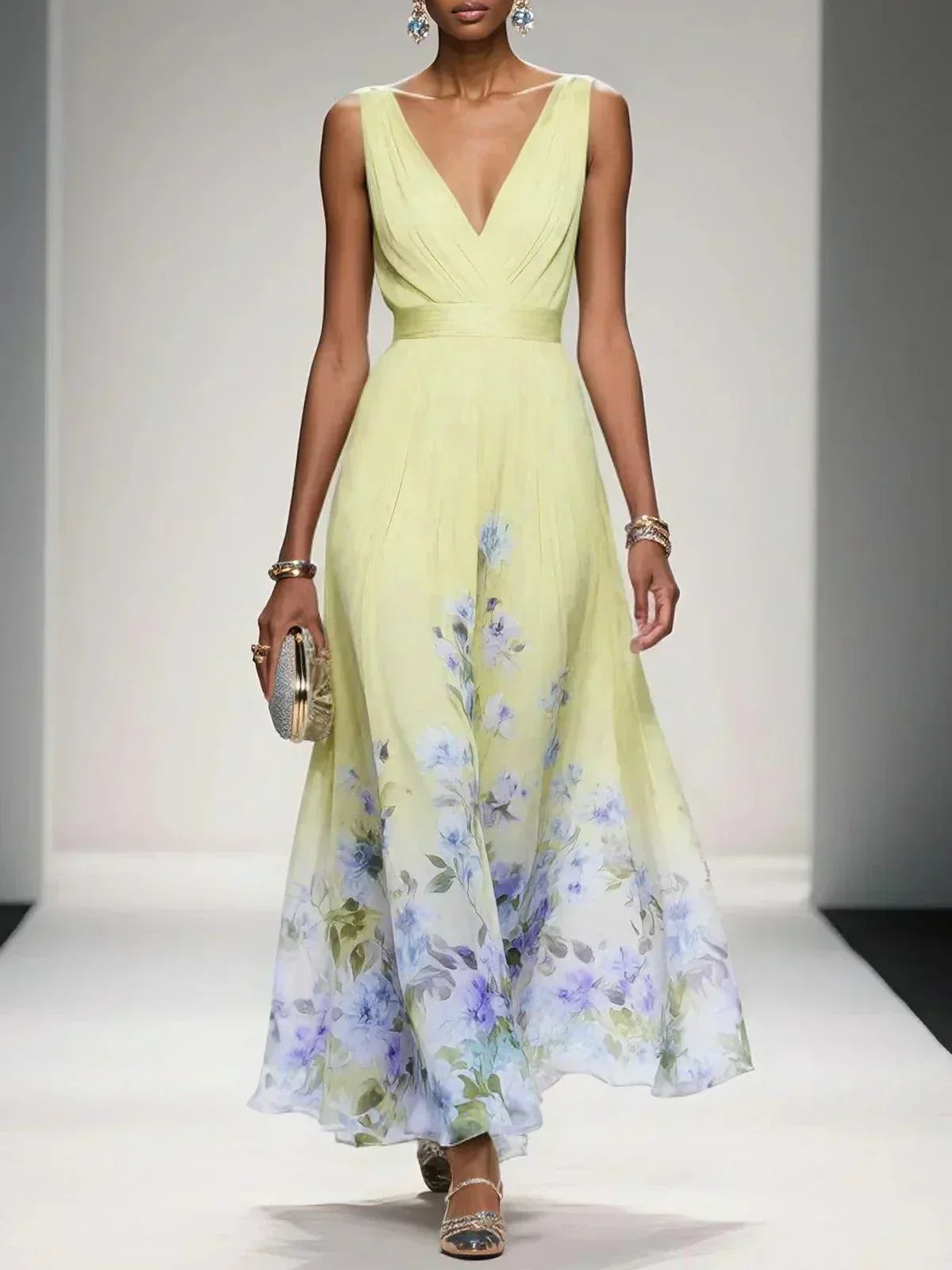 Women Elegant Celebration Floral Print Wedding Guest Dress