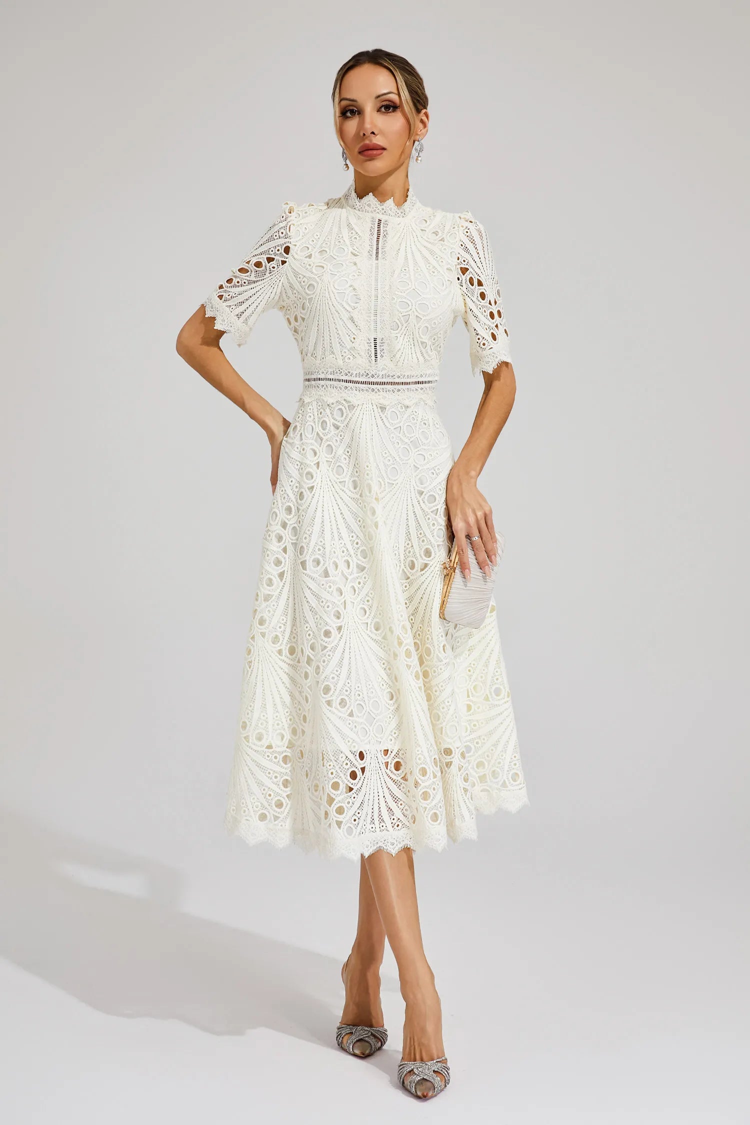 Exquisite Airy Lace Wedding Party Midi Dress for Women