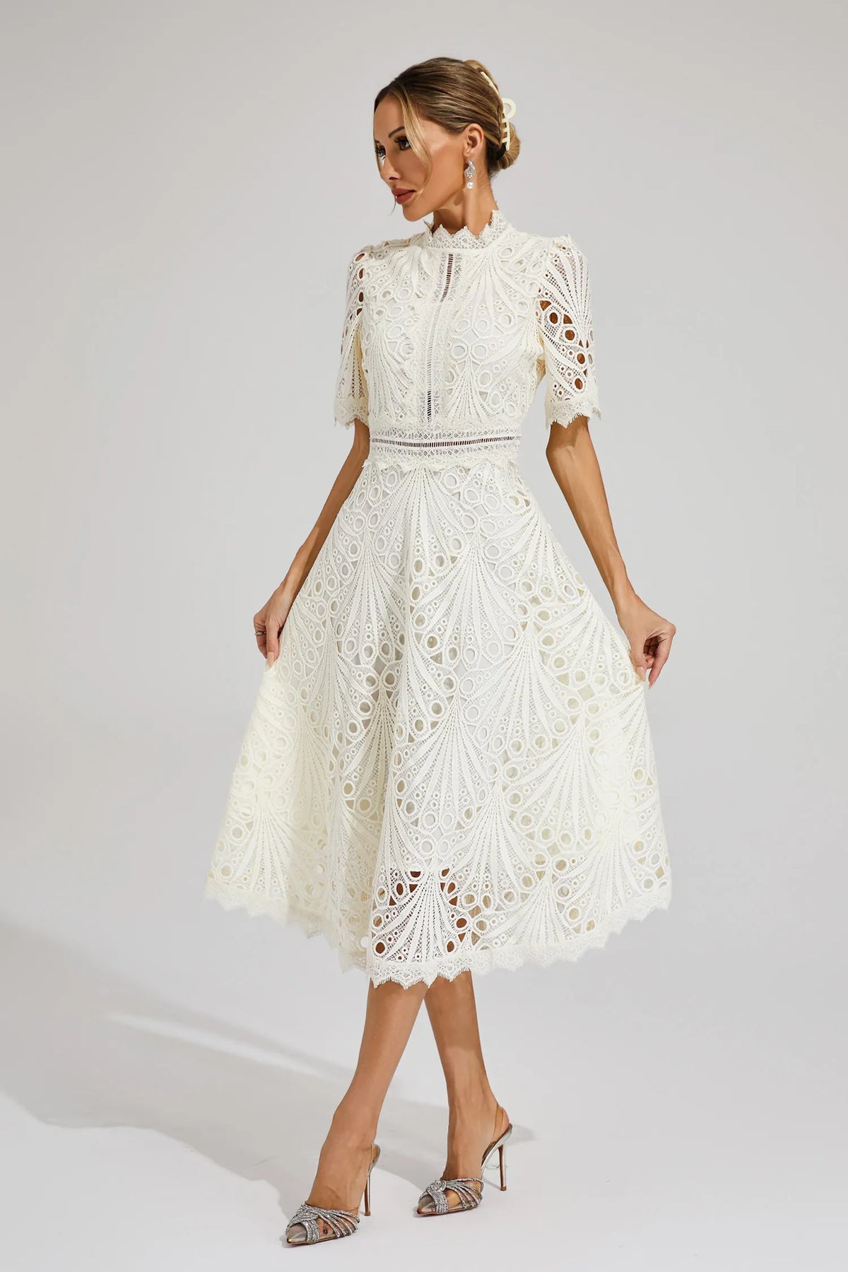 Exquisite Airy Lace Wedding Party Midi Dress for Women