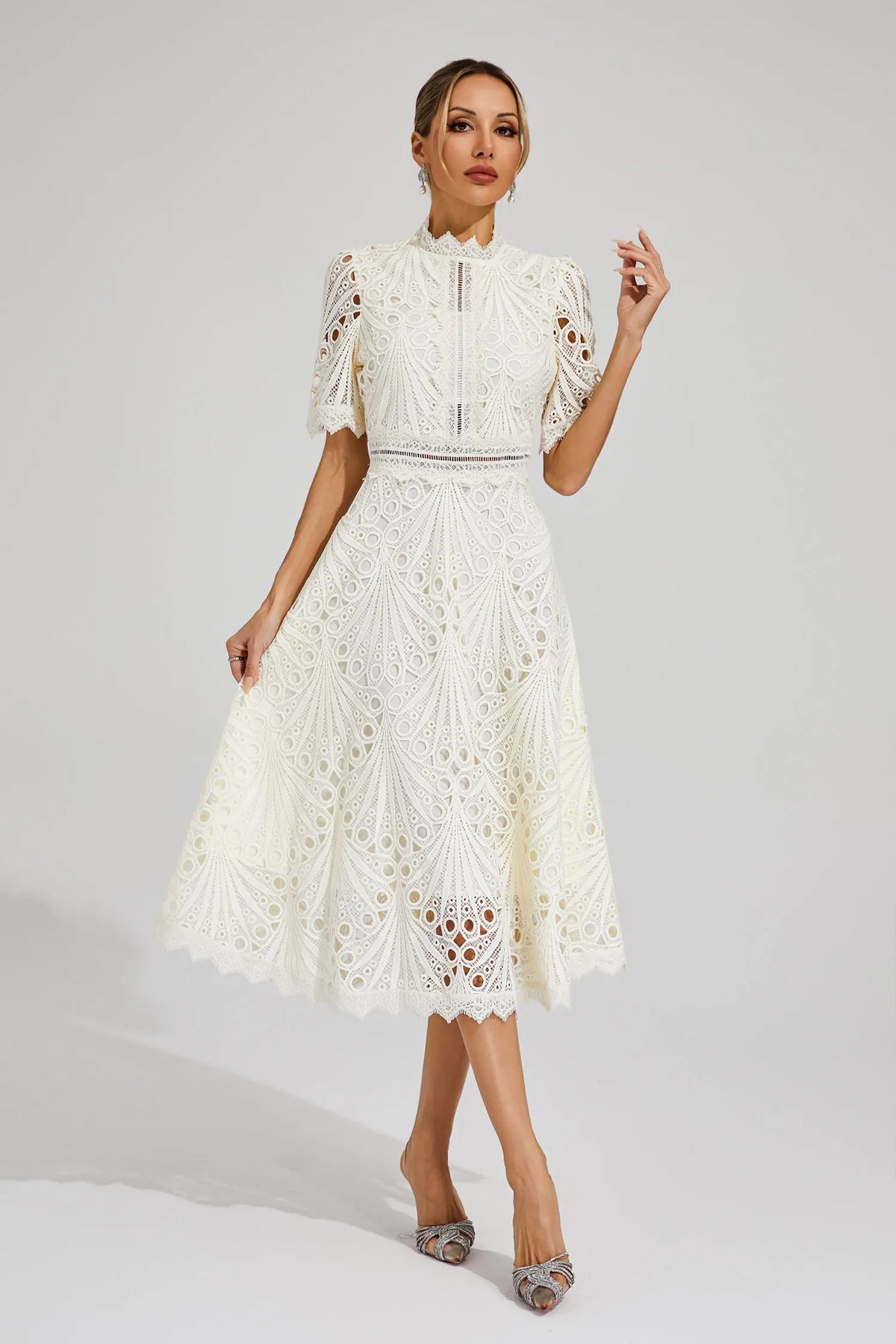 Exquisite Airy Lace Wedding Party Midi Dress for Women