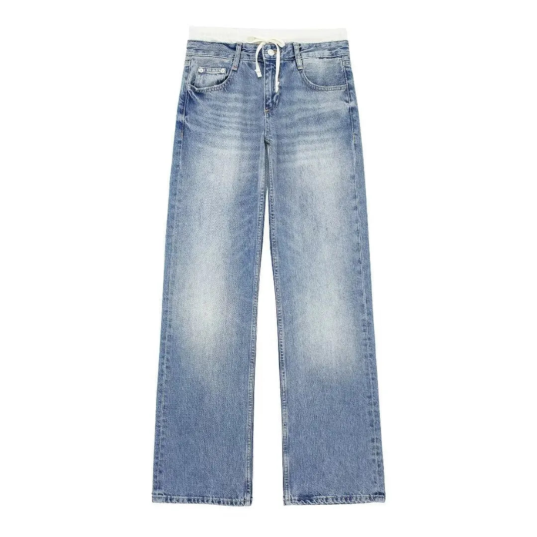 Women’s Retro Mid‑Waist Straight‑Leg Jeans with Lace‑Up