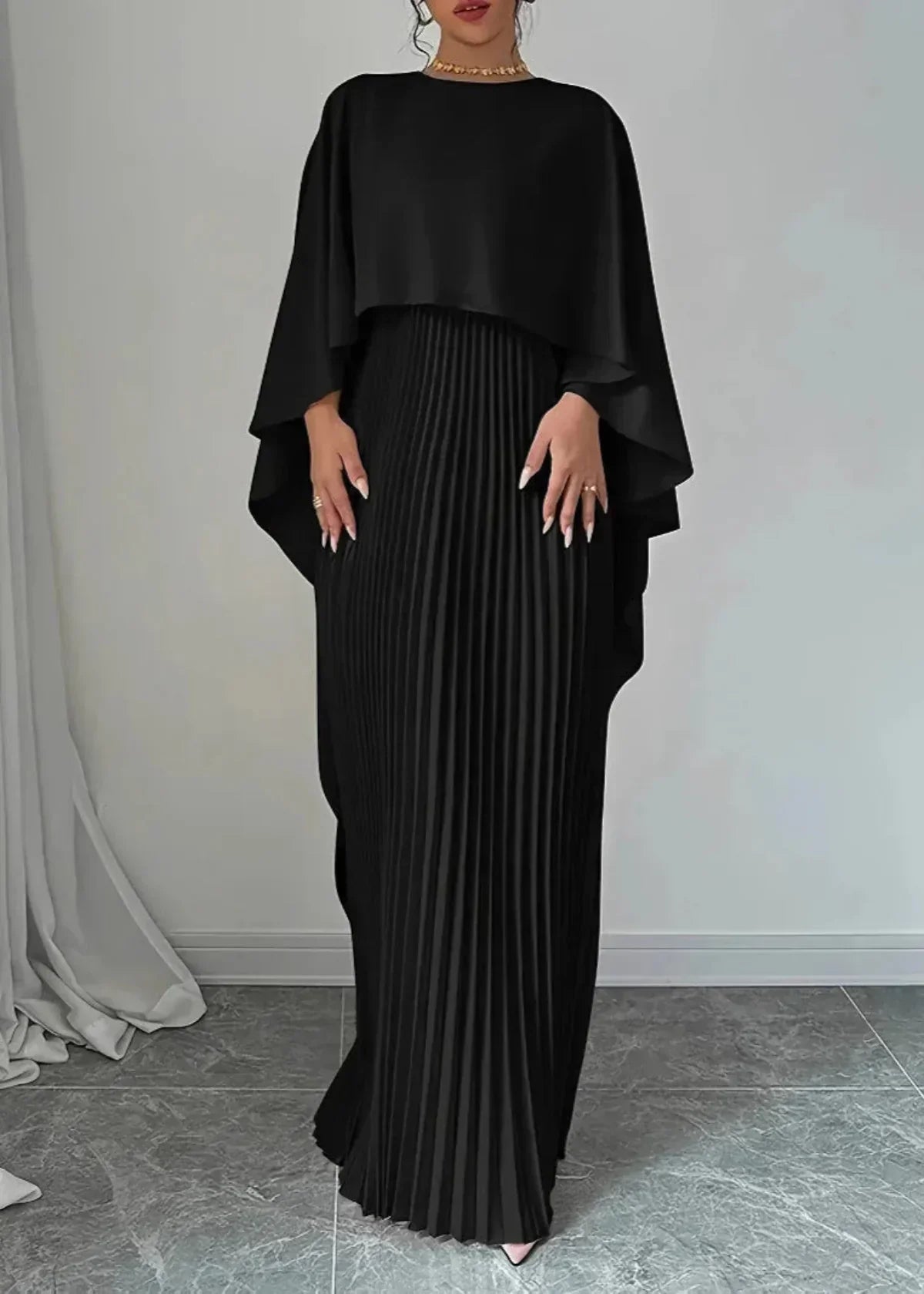 Women’s Pleated Cape Overlay Maxi Dress Elegant Evening Wear