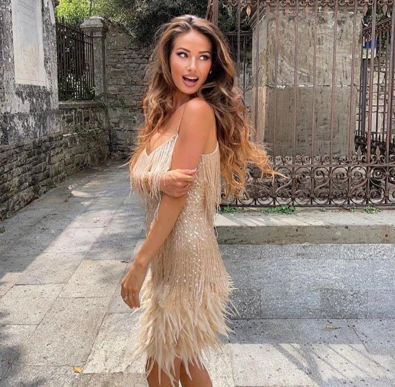Women’s Fashion Party Mini Cocktail Dress with Fringe Feathers