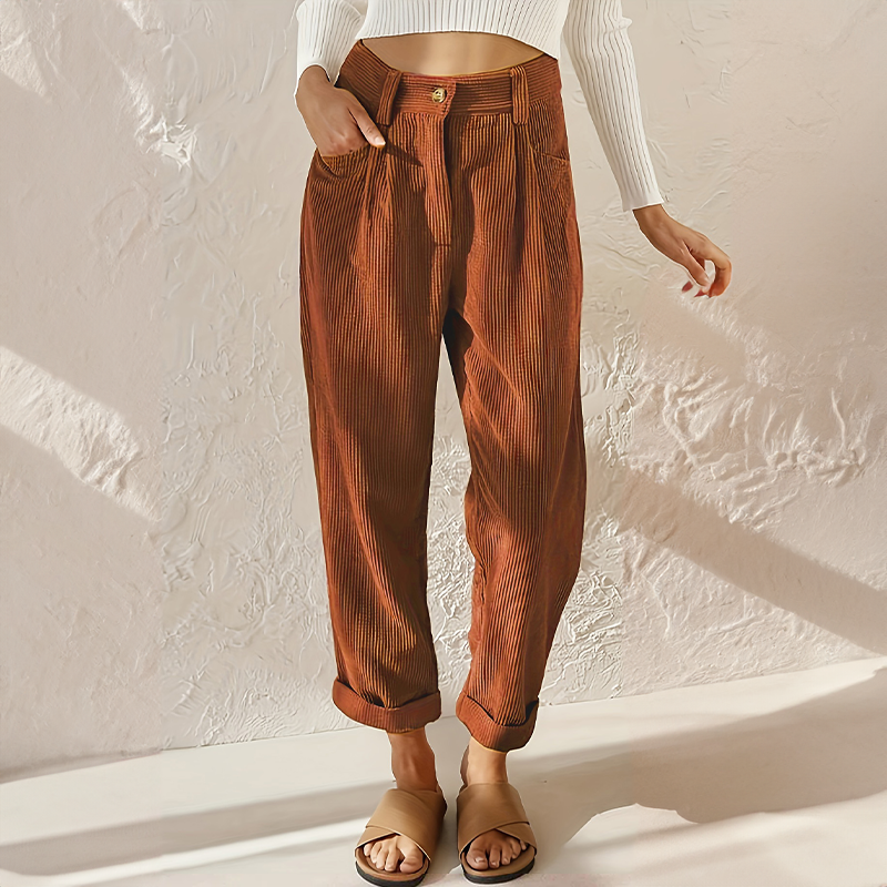 Women's Fashionable Stretchy High Waist Corduroy Pants with Wide Legs for Casual Look