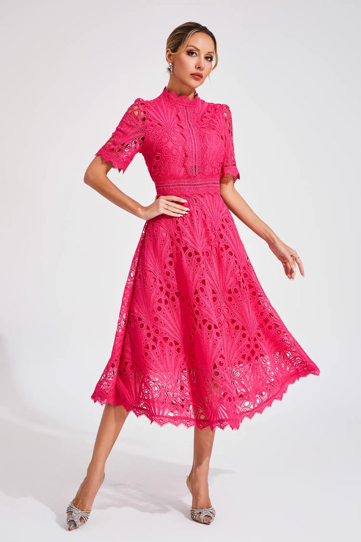 Exquisite Airy Lace Wedding Party Midi Dress for Women