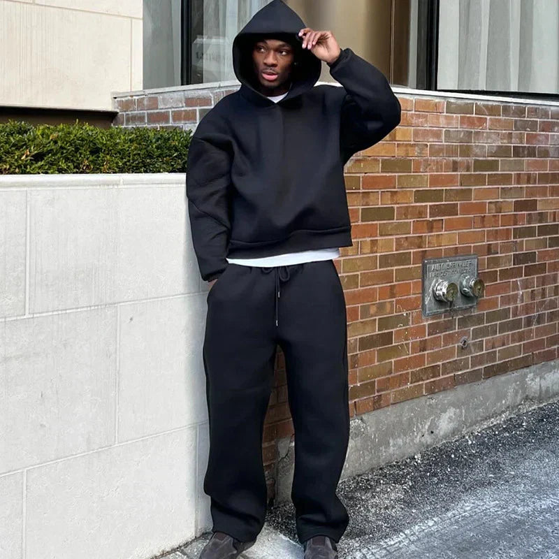 Men's Trendy Oversized Sporty Warm Tracksuit - Hoodie and Drawstring Trouser