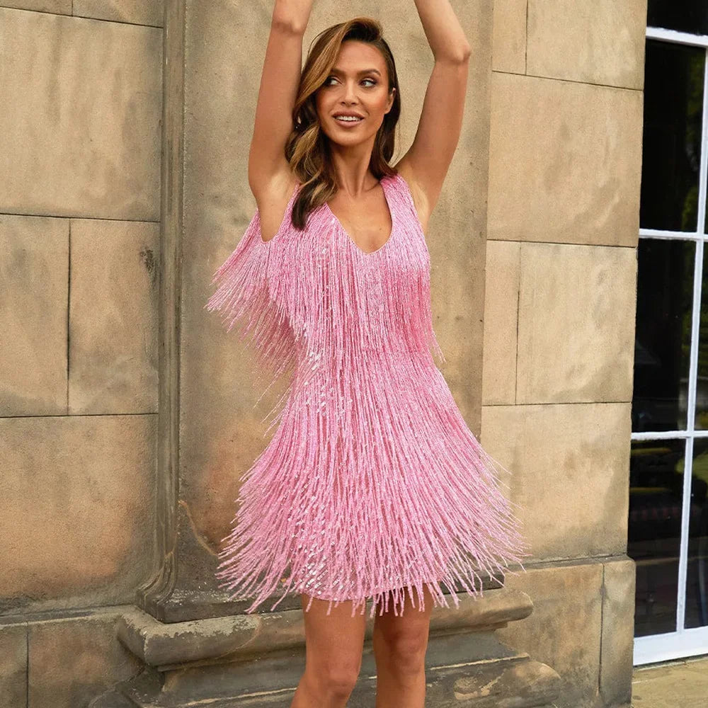 Women's Cocktail Fringe Trim Dress Evening Party Style