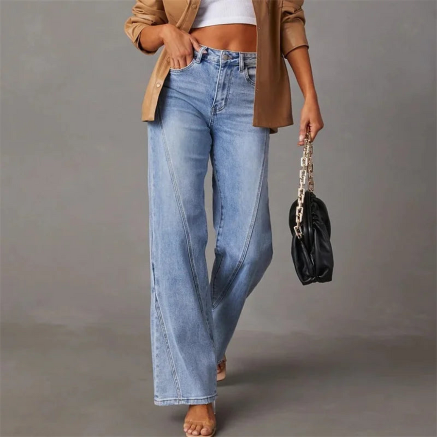 Women's Fashion High Waisted Five-Pocket Baggy Denim Jeans with Zipper Fly Closure