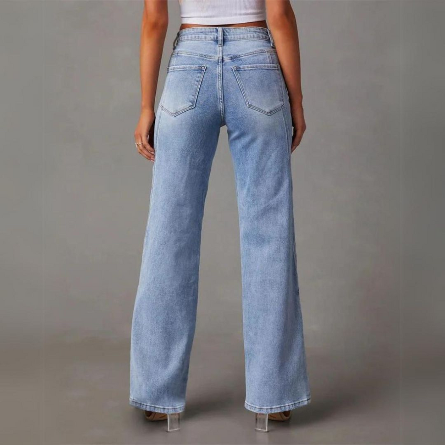 Women's Fashion High Waisted Five-Pocket Baggy Denim Jeans with Zipper Fly Closure