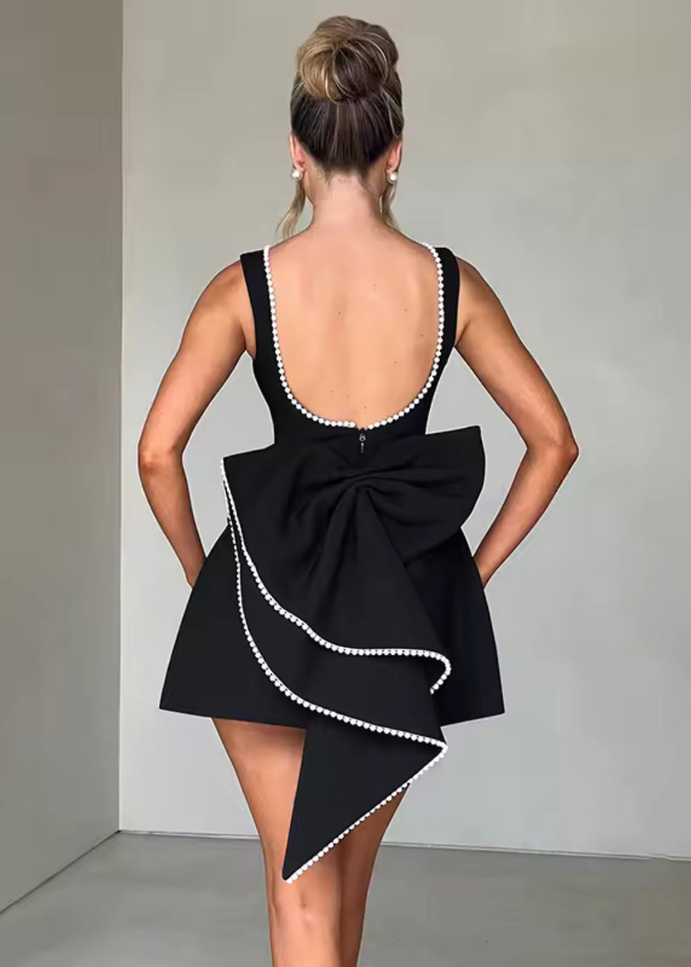 Women’s Elegant Open Back Mini Dress with Pearl Trim and Back Bow