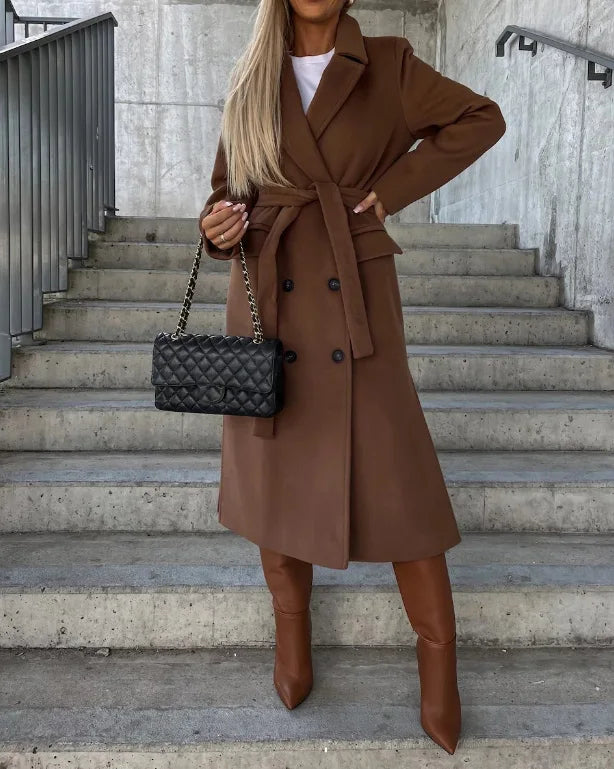 Women’s Long Coat Notched Collar Double Breasted Design