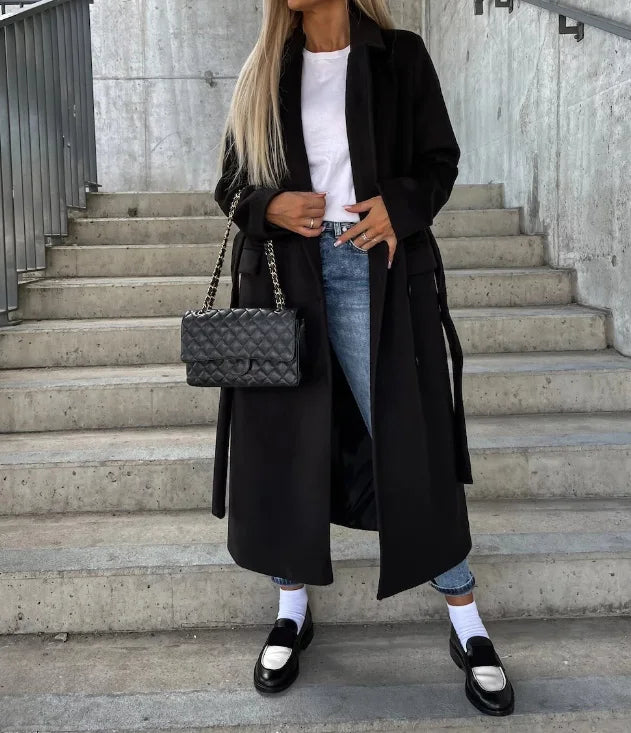 Women’s Long Coat Notched Collar Double Breasted Design