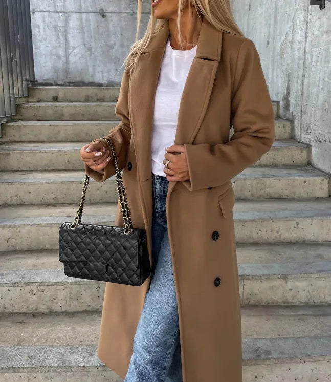 Women’s Long Coat Notched Collar Double Breasted Design