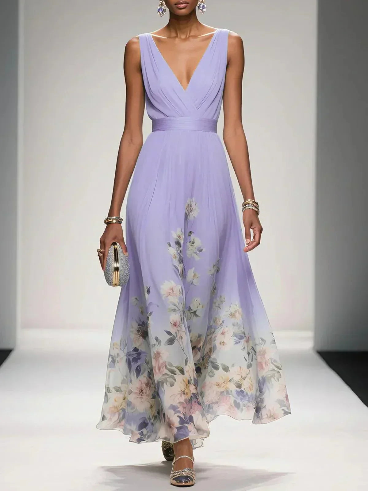 Women Elegant Celebration Floral Print Wedding Guest Dress