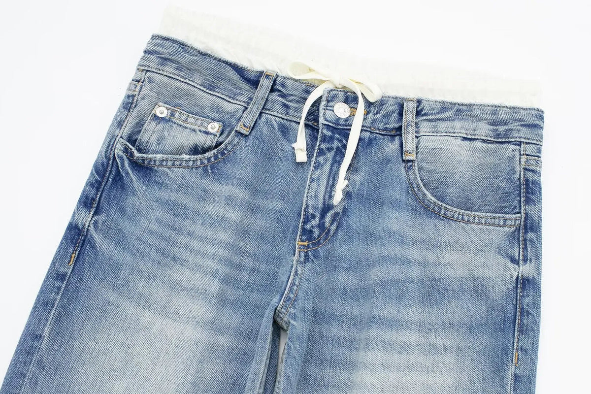 Women’s Retro Mid‑Waist Straight‑Leg Jeans with Lace‑Up