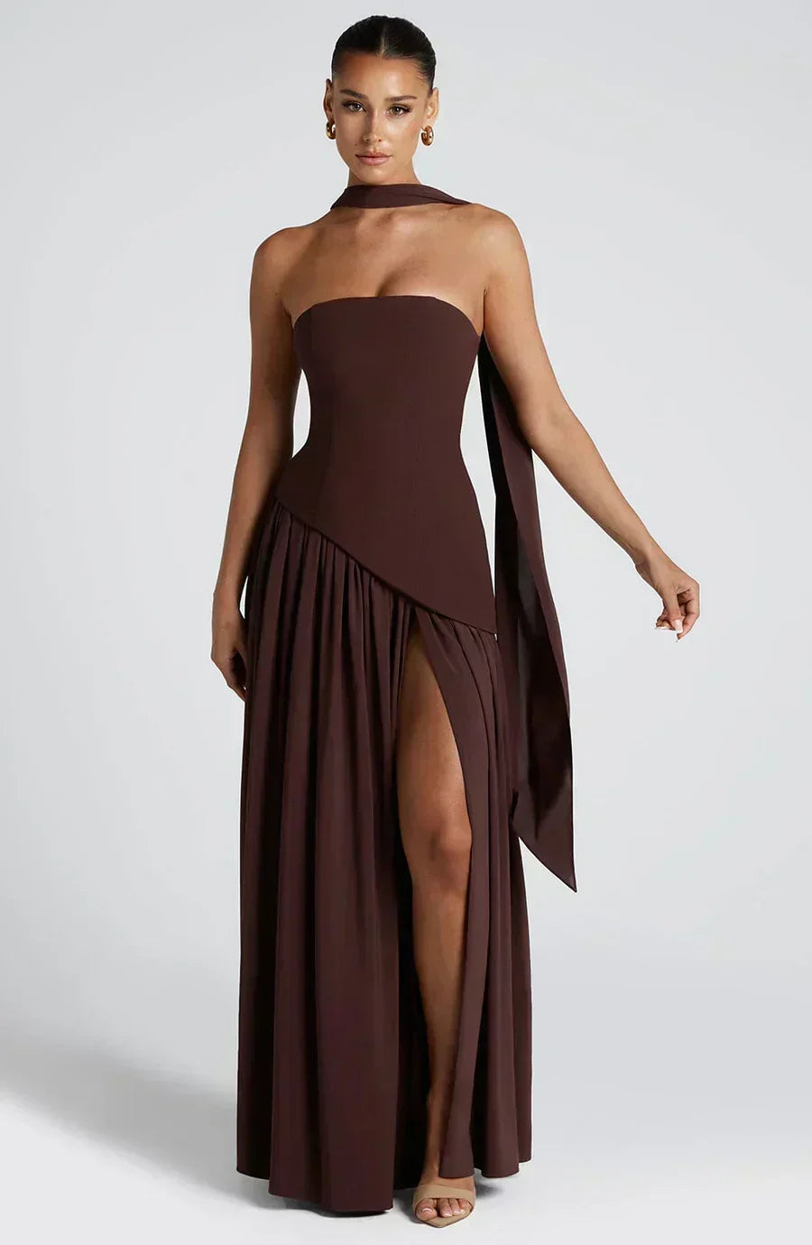 Elegant Slit Long Gown Asymmetric Wedding Guest Dress for Women