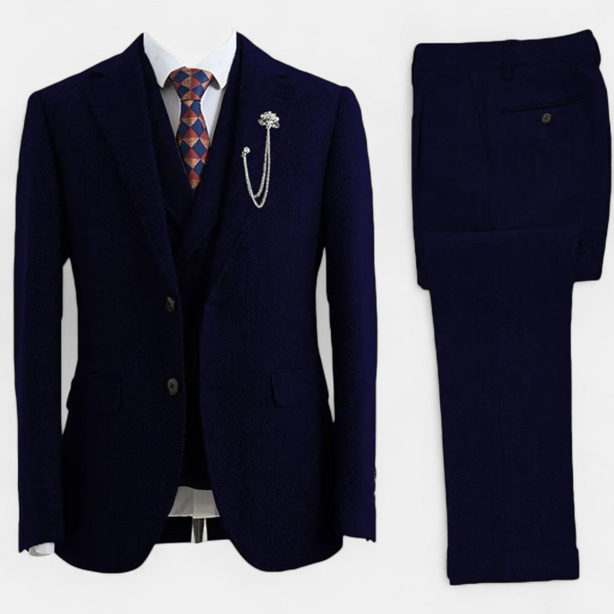 Men’s Tweed Herringbone Formal Business Suit - Complete 3-Pieces Set